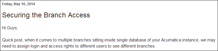 Sergey Blog: Acumatica Branch Security Sergey Blog: Acumatica Branch Security