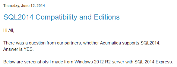 Sergey Blog: Acumatica and Microsoft SQL Server 2014