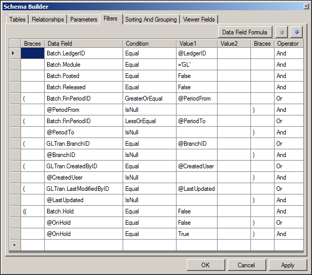 Acumatica GL Edit Account Distribution Report Schema Builder
