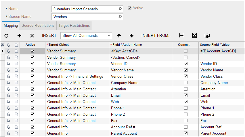 Sample Acumatica Import Scenario (Vendors)