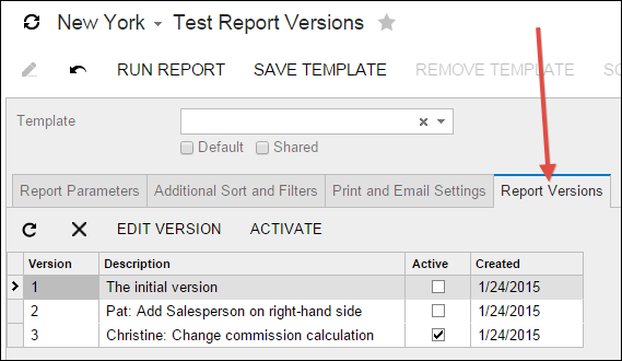 Acumatica Report Designer - Report Versions Tab