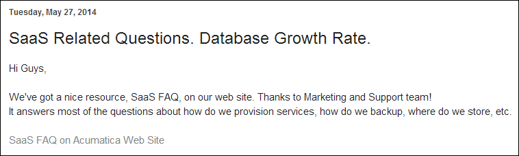 Acumatica SaaS Related Questions and Database Growth Rate