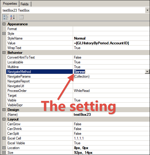 Acumatica Report Designer NavigateMethod Setting (Client or Server)