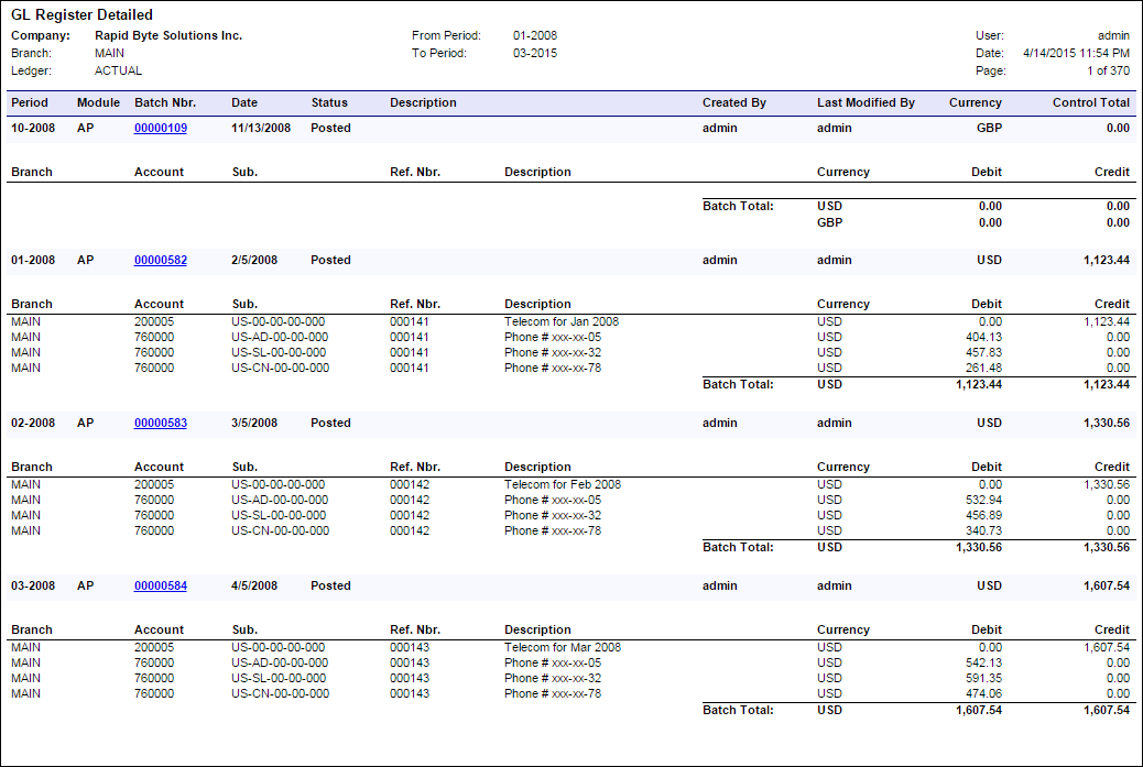 Acumatica Standard Reports: GL Register Detailed