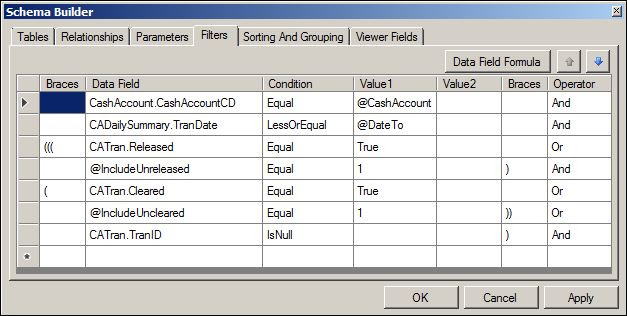 Acumatica Cash Account Details Report Schema Builder