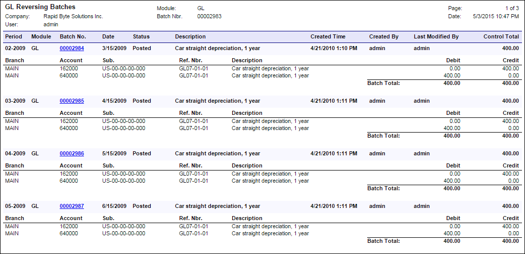 Acumatica Standard Reports: GL Reversing Batches