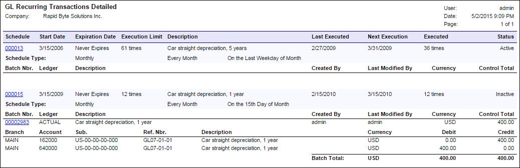 Acumatica Standard Reports: GL Recurring Transactions Detailed