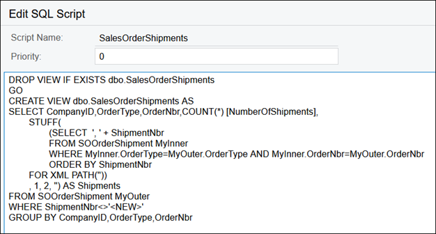 Acumatica Comma-Separated List of Shipments for a Sales Order using a Generic Inquiry and SQL View