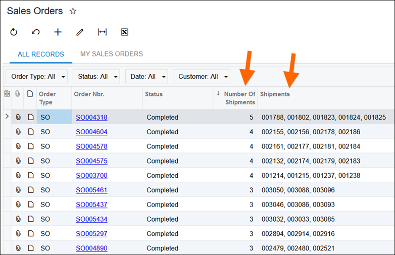 Acumatica Comma-Separated List of Shipments for a Sales Order using a Generic Inquiry and SQL View