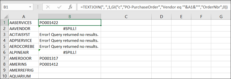 Acumatica Comma-Separated List of Purchase Orders for a Vendor using Velixo Reports