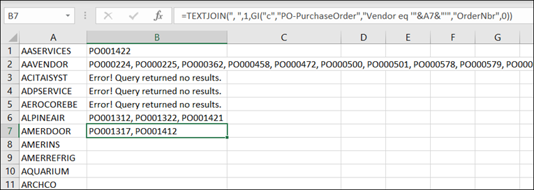 Acumatica Comma-Separated List of Purchase Orders for a Vendor using Velixo Reports