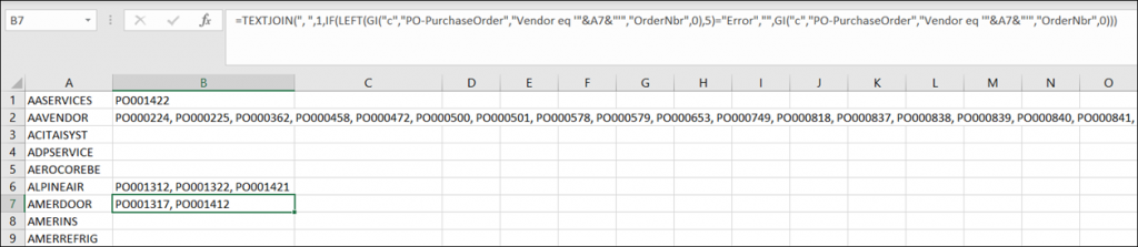 Acumatica Comma-Separated List of Purchase Orders for a Vendor using Velixo Reports