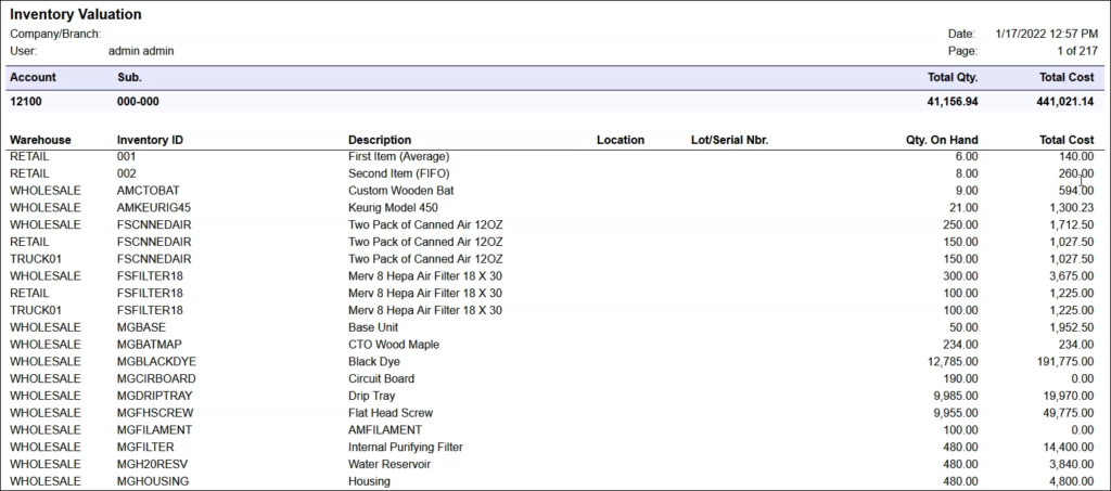 Acumatica Inventory Aging Report