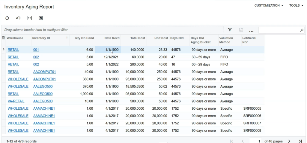 Acumatica Inventory Aging Report